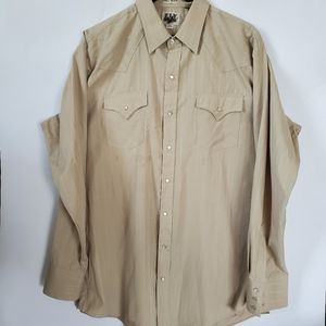 Fly Cattlemen tall  pearl button up western‎ shirt khaki color 17.5x36